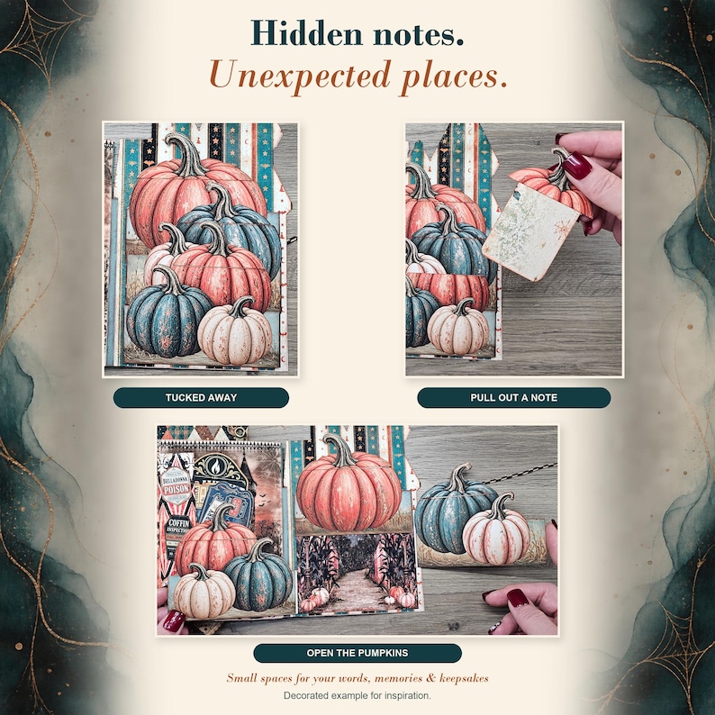May include: A decorative paper craft project featuring illustrations of pumpkins in shades of orange, blue, and cream. The design includes interactive elements with hidden pull-out note cards and flaps labeled Tucked Away, Pull Out A Note, and Open The Pumpkins.