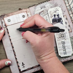May include: A black pen writing on a vintage-style journal. The journal has a decorative cover with a compass rose and the word "Norte". The pages are aged with decorative elements.