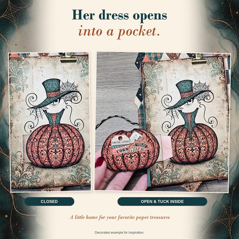 May include: A paper craft project featuring a character in a top hat and pumpkin dress. The text reads: Her dress opens into a pocket. CLOSED. OPEN & TUCK INSIDE. A little home for your favorite paper treasures. Decorated example for inspiration.