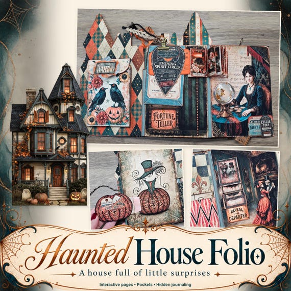Halloween Junk journal Folio Kit: Printable Haunted House, Interactive Junk Journal with 53 Ephemera Pieces, Digital Download