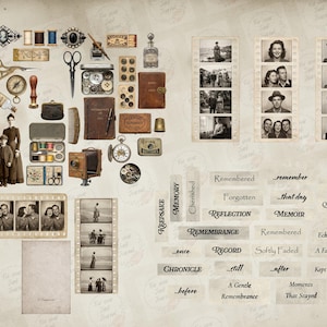 May include: A vintage-themed collage featuring antique photographs, sewing supplies, and ephemera. The arrangement includes old photos, scissors, spools of thread, a compass, and text elements with words like "Remembered" and "Reflection."