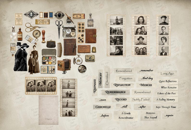 May include: A vintage-themed collage featuring antique photographs, sewing supplies, and ephemera. The arrangement includes old photos, scissors, spools of thread, a compass, and text elements with words like "Remembered" and "Reflection."
