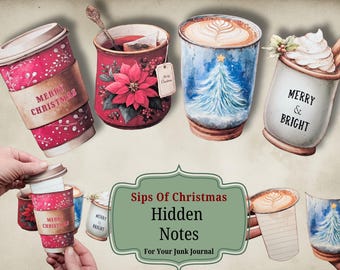 May include: Watercolor illustrations of Christmas-themed beverages, including coffee, tea, and hot chocolate. The image features cups with festive designs, such as a Christmas tree and poinsettias. Text includes "Merry Christmas" and "Merry & Bright".