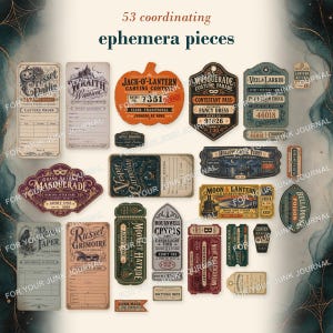 May include: A collection of 53 coordinating ephemera pieces featuring vintage-style tickets, tags, and labels with text such as Jack-O-Lantern Carving Contest, Masquerade Costume Parade, Veil & Larkin, and Hollow Creek Ferry in various colors.