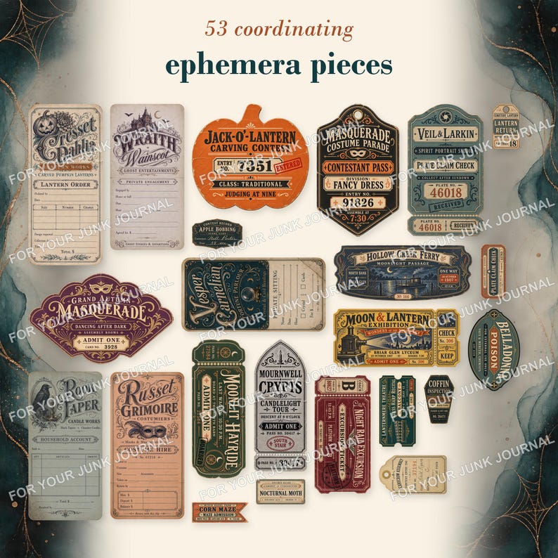 May include: A collection of 53 coordinating ephemera pieces featuring vintage-style tickets, tags, and labels with text such as Jack-O-Lantern Carving Contest, Masquerade Costume Parade, Veil & Larkin, and Hollow Creek Ferry in various colors.