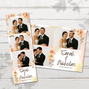 May include: Wedding photo booth strips featuring a smiling couple in formal attire. The strips are decorated with floral accents in peach and yellow, with the names "Sarah & Nicholas" and the date "13 September 2025" printed on them.