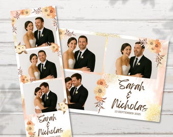May include: Wedding photo booth strips featuring a smiling couple in formal attire. The strips are decorated with floral accents in peach and yellow, with the names "Sarah & Nicholas" and the date "13 September 2025" printed on them.