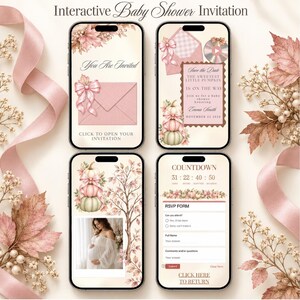Invitación interactiva para baby shower con temática de calabaza otoñal, invitación digital otoñal con lazo rosa, confirmación de asistencia, música y cuenta regresiva, Little Pumpkin.