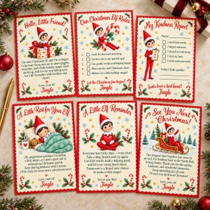 May include: Six rectangular Christmas cards featuring a cartoon elf in a red suit and hat. The cards include text such as Hello, Little Friend, Our Christmas Elf Rules, My Kindness Report, A Little Rest for Your Elf, A Little Elf Reminder, and See You Next Christmas, decorated with candy canes, stars, and holly.