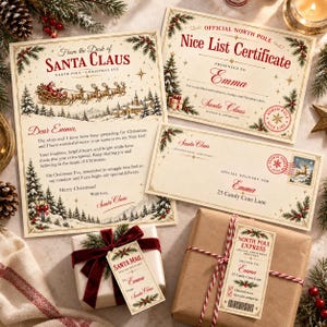 May include: A collection of Christmas stationery including a letter from Santa Claus, a Nice List certificate for Emma, a matching envelope, and a gift box wrapped in brown paper with red and white twine and a Santa Mail gift tag attached.