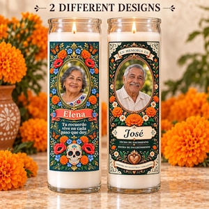 May include: Two tall glass prayer candles with lit wicks. The left candle features a portrait of a woman, the name Elena, and a sugar skull. The right candle shows a man's portrait, the name José, and the text En Memoria De, Fecha De Nacimiento, and Fecha De Fallecimiento.