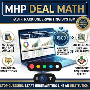 Può includere: Immagine promozionale per MHP Deal Math, un sistema di sottoscrizione rapido. L'immagine presenta un laptop che mostra un dashboard di analisi degli affari, un cronometro e icone che rappresentano le caratteristiche principali. Il testo include "Smetti di indovinare. Inizia a sottoscrivere come un'istituzione."