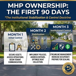 Può includere: Infografica sulla proprietà MHP in 90 giorni, divisa in tre mesi: Controllo iniziale, Stabilizzazione e Controllo istituzionale. Ogni sezione elenca le azioni e gli obiettivi chiave per ogni fase.