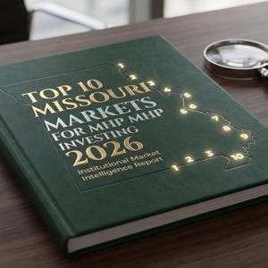 Può includere: Un libro verde scuro intitolato "Top 10 Missouri Markets for MHP Investing 2026" con lettere dorate. Una lente d'ingrandimento e una calcolatrice sono sulla scrivania di legno. Il libro ha una mappa del Missouri con indicatori luminosi.