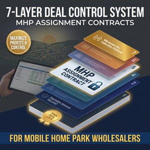 May include: An image showcasing a 7-Layer Deal Control System for mobile home park wholesalers. The design features layered cards with titles like "MHP Assignment Contract" and "Wholesale Fee Collection Protocol." A tablet displays data, and the text "Maximize Profits & Control" is visible.
