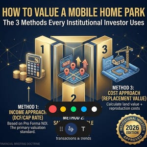 Può includere: Infografica su come valutare un parco di case mobili, con tre metodi per investitori istituzionali. L'immagine presenta una calcolatrice, una mappa con indicatori di vendita e un progetto con una gru, in oro e blu.