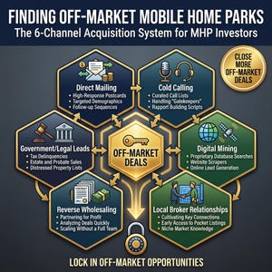 Può includere: Infografica che illustra un sistema di acquisizione a 6 canali per parchi di case mobili fuori mercato. L'immagine presenta sezioni esagonali con titoli come "Direct Mailing" e "Digital Mining", collegate da frecce, e include il testo "LOCK IN OFF-MARKET OPPORTUNITIES."