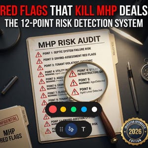 Può includere: Un documento intitolato "MHP Risk Audit" con una lente d'ingrandimento, una penna e una bussola. Il testo recita "Red Flags That Kill MHP Deals" e "2026 Edition". Il documento evidenzia i punti di rischio con simboli di avvertimento.