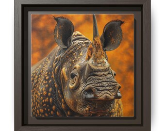 Orange Rhino Portrait, Modern Framed Canvas Wall Art