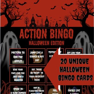 Puede incluir: Una tarjeta de juego de Bingo de acción con temática de Halloween, con un diseño rojo y negro. La tarjeta presenta un fondo espeluznante con murciélagos, árboles y fantasmas. El bingo incluye frases como "Pretender morder manzanas" y "Reír como una bruja".
