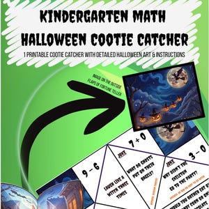 Puede incluir: Un atrapa-chicos con temática de Halloween en verde y blanco, con el texto "Kindergarten Math" y "Halloween Cootie Catcher". Incluye arte de Halloween, instrucciones, problemas de matemáticas y chistes.