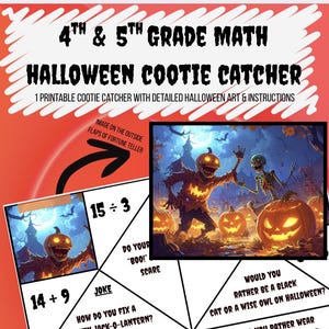 Puede incluir: Un atrapa-cucos con temática de Halloween para 4º y 5º grado. El juego imprimible presenta arte e instrucciones detalladas de Halloween. Las solapas de la adivina incluyen problemas de matemáticas y preguntas relacionadas con Halloween. La imagen en las solapas exteriores de la adivina.