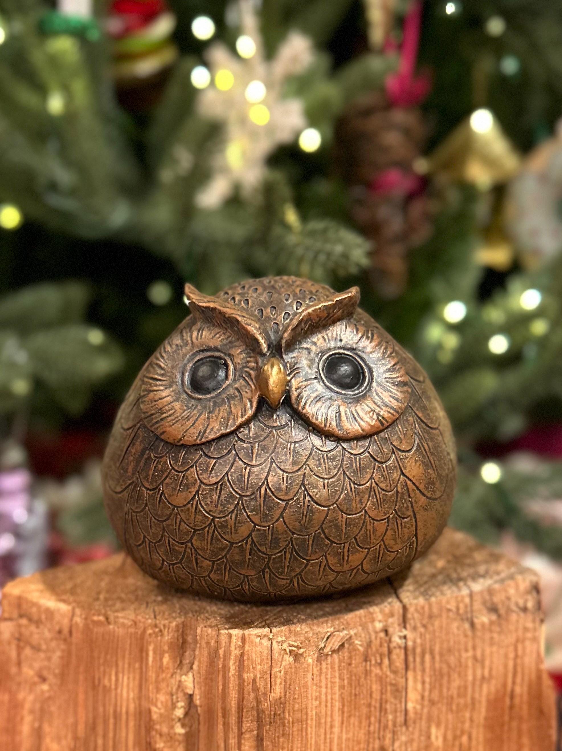 Handmade Concrete Owl Figurine | Chubby Round Bird Sculpture