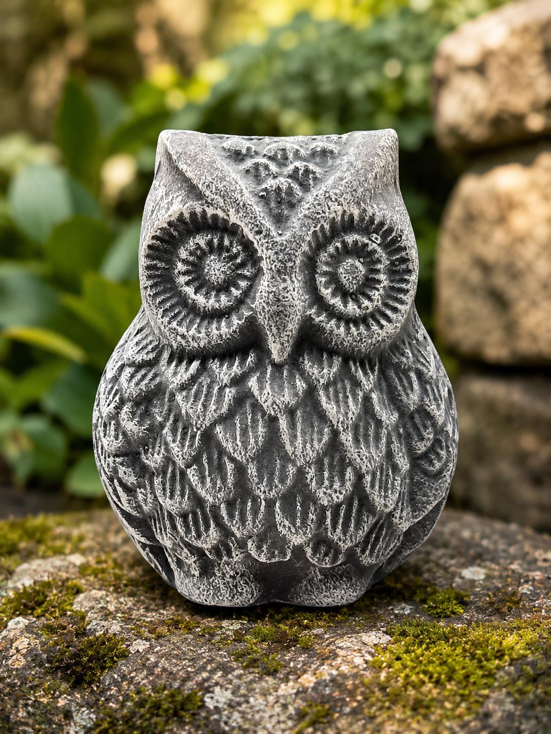 Concrete Owl Statue – Rustic Garden Shelf Sitter, Stone or Copper Brown Finish
