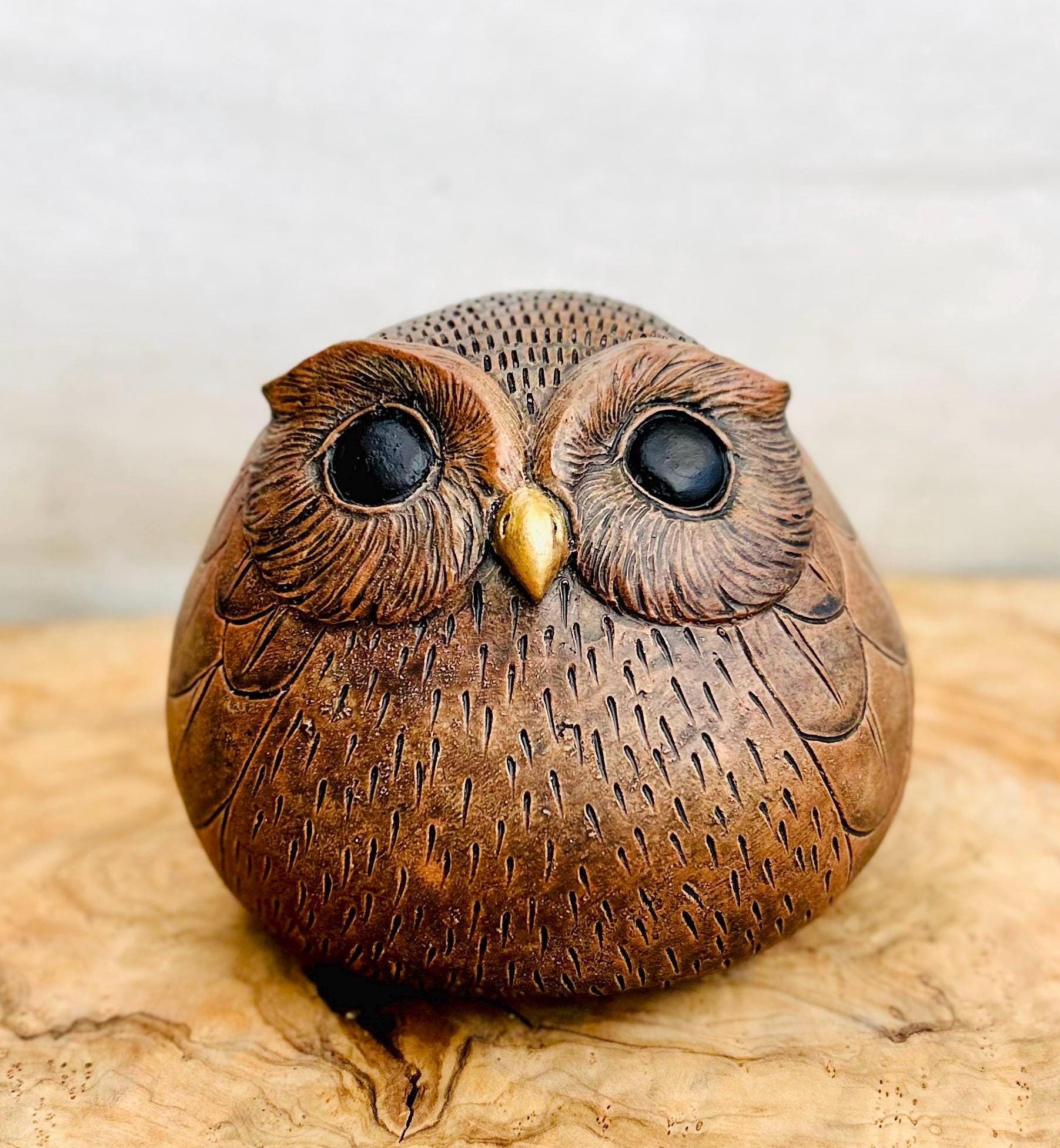 Handmade Concrete Owl Figurine |Chubby Round Bird Sculpture