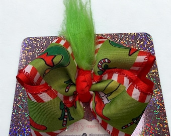 Grinch Christmas Hair Bow | Green & Red Holiday Hair Clip | Fuzzy Boutique Bow for Girls