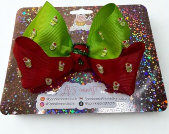 Grinch Christmas Hair Bow | Holiday Hair Clip for Girls | Red & Green Boutique Bow
