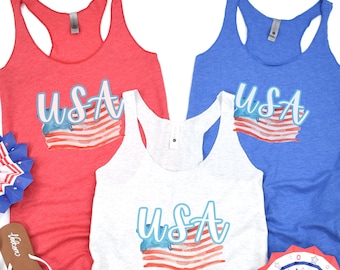 Patriotic USA Racerback Tank Top: 4th of July Red, White & Blue