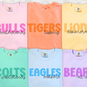 K&ouml;nnte beinhalten: Sechs Rundhals-T-Shirts in Pastellfarben: Rosa, Orange, Gelb, Mintgr&uuml;n, Hellblau und Lavendel. Jedes Shirt zeigt einen Teamnamen in fetter Blockschrift und einen Ortsnamen in kursiver Schrift: BULLS south stanly, TIGERS tussing, LIONS lake norman, COLTS west stanly, EAGLES oakboro und BEARS mt. airy.