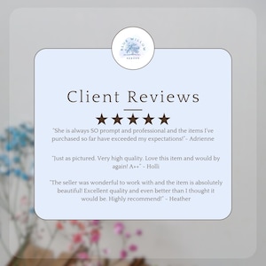 K&ouml;nnte beinhalten: Eine hellblaue rechteckige Grafik mit dem Text Client Reviews, f&uuml;nf braunen Sternen und drei Kundenbewertungen. Oben befindet sich ein kreisf&ouml;rmiges Logo mit dem Text Blue Willow Season und einer Baumillustration. Der Hintergrund ist hellblau.