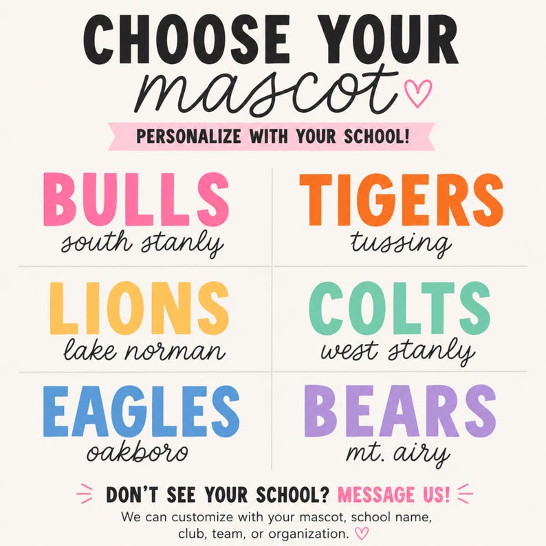 K&ouml;nnte beinhalten: Eine Grafik mit der &Uuml;berschrift CHOOSE YOUR MASCOT PERSONALIZE WITH YOUR SCHOOL! zeigt sechs Maskottchennamen in verschiedenen Farben: pinke BULLS, orange TIGERS, gelbe LIONS, mintgr&uuml;ne COLTS, blaue EAGLES und lila BEARS, jeweils mit Schulnamen.