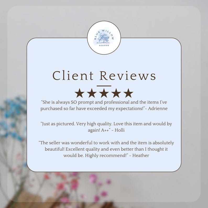 May include: A light blue rectangular graphic featuring the text Client Reviews, five brown stars, and three customer testimonials. At the top, a circular logo displays the text Blue Willow Season with a tree illustration. The background is light blue.