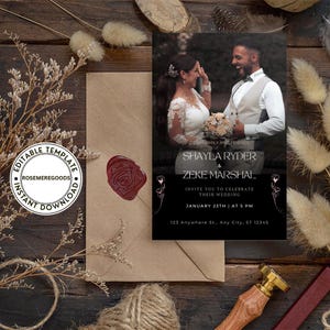 May include: A wedding invitation featuring a photo of a couple, with the names Shayla Ryder & Zeke Marshal. The invitation is black with white text, and includes the date, time, and address. A brown envelope with a red wax seal is also present.