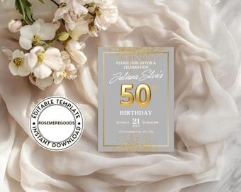 May include: A gray and gold 50th birthday invitation with the text "Please join us for a celebration" and "Juliana Silva's 50th Birthday". The invitation is surrounded by gold glitter and a gold border. White flowers and fabric are in the background.