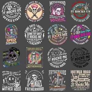 Könnte beinhalten: Eine Sammlung von kreisförmigen Grafikdesigns mit Skelettillustrationen. Jedes Design enthält den Satz "Some Days It Rocks Me" oder "Some Days We Rock It" zusammen mit zugehörigem Text. Die Designs sind thematisch auf verschiedene Berufe und Interessen abgestimmt.
