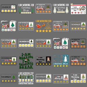Könnte beinhalten: Eine Sammlung rechteckiger Aufkleber mit dem Text "I AM WORKING FOR" und verschiedenen Weihnachtsgrafiken. Designs umfassen Weihnachtsbäume, Häuser und den Weihnachtsmann mit Sternen zur Bewertung.