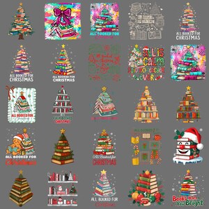Könnte beinhalten: Eine Sammlung von Weihnachtsdesigns mit Weihnachtsbäumen aus Büchern. Die Designs enthalten Texte wie "All Booked for Christmas" und "Books Make You Bright". Die Farbpalette umfasst Grün-, Rot- und Gelbtöne.