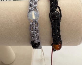 Hand-Knotted Crystal Beaded Macrame Bracelet – Adjustable Silk Cord, Black Agate, Red Agate, White Opal, Healing Jewelry