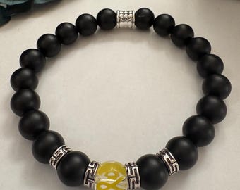 Men’s Bone Cancer Bracelet – Black Onyx with Yellow Awareness Ribbon, Strength & Hope Gift for Him