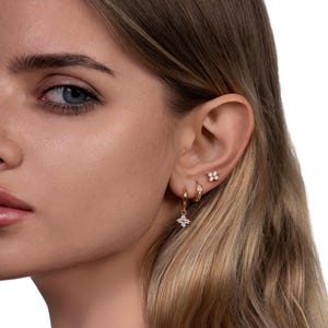 Earring Stack Set 3pcs, 18K Gold Plated CZ Stud Colourful Huggie Hoop & Charm Drop Earring, Curated Ear Stack, Dainty Gold Earring Set