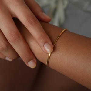 May include: A gold-coloured, delicate chain bracelet with a snake-like design. The bracelet is worn on a wrist, with a hand gently touching it. The bracelet appears to be made of small, interlocking links.