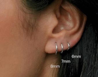 Tiny Sterling Silver Hoop Earrings, Minimalist white gold Cartilage Hoops, Helix Earrings, Stacking Ear Piercing Jewelry, Sleeper earrings