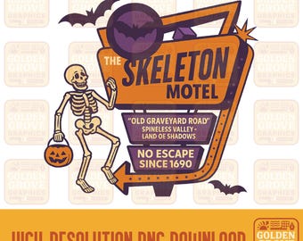 Motel esqueleto retro PNG: Descarga digital de Halloween espeluznante