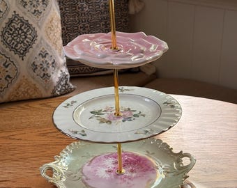 Vintage 3-Tier China Dessert Stand | Pink Rose Shabby Chic Tea Party Decor