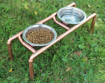 Hand-Built Copper Pipe Dual Pet Feeder with Stainless Bowls • Lead-Free Solder • Clear-Coated • Custom Available