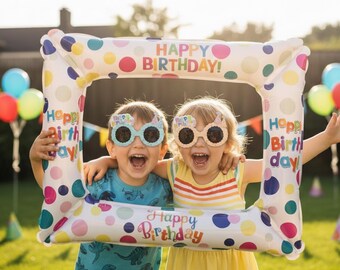 Birthday Photo Booth Props Set, Frame Balloon & Party Sunglasses, Kids Birthday Party Decor, Photo Booth Balloon ,Banner, Tablecloth
